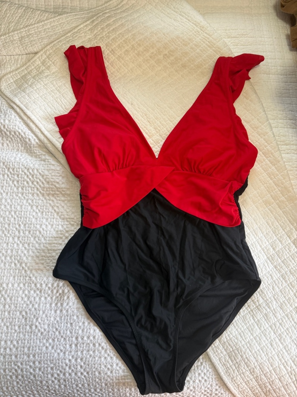 Classic Red & Black V-Neck Ruffle Shoulder One-Piece Swimsuit